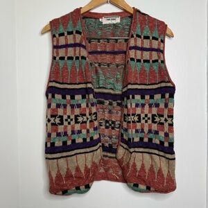 Vintage Sage Creek Linen Blend Open Front Sweater Cardigan Vest Med Earth Tones